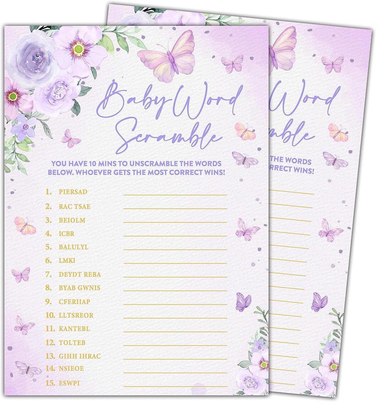 Butterfly Kisses Baby Shower Games, 30 Baby Word Scramble Game Cards with 1 Answer Card, Gender Reveal Party Supplies Favors (5"x7")